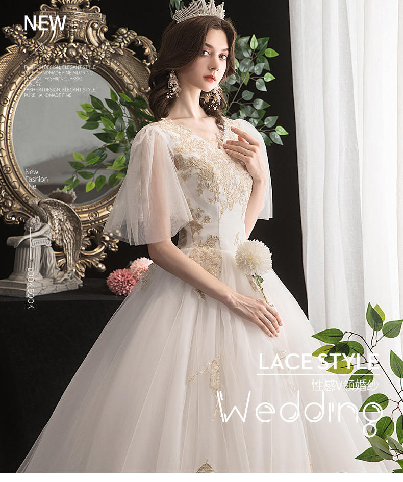 French Hepburn light wedding dress 2022 new bride simple V-neck large wedding dress