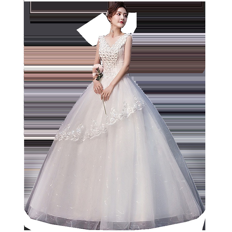 2022 Spring new wedding dress Korean version sweet flower V-neck bride floor length princess slim bandage wedding dress