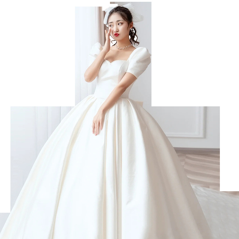 Satin Wedding Dress 2022 new bride small one line shoulder temperament tail covering thick arm simple D78