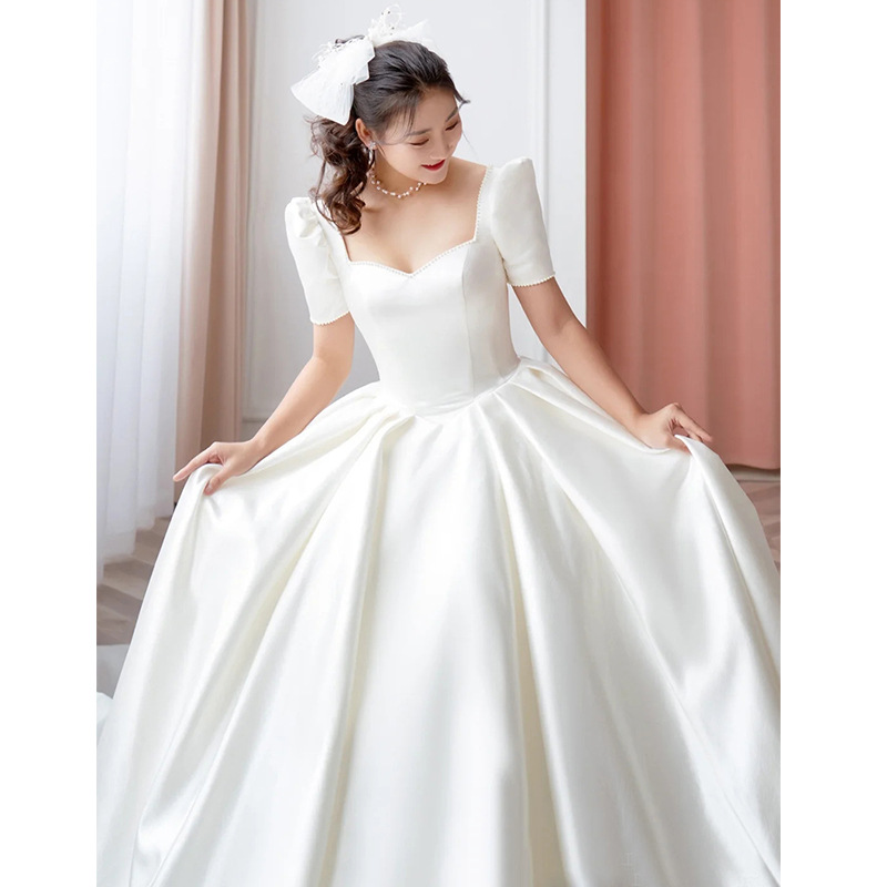 Satin Wedding Dress 2022 new bride small one line shoulder temperament tail covering thick arm simple D78