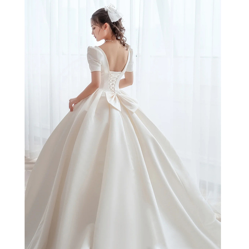 Satin Wedding Dress 2022 new bride small one line shoulder temperament tail covering thick arm simple D78