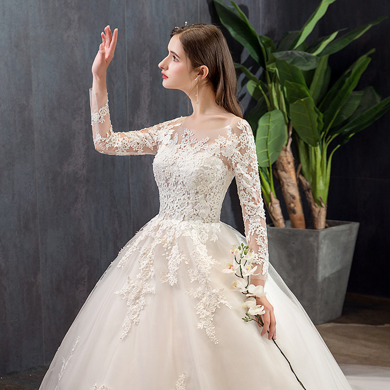Bride's wedding dress 2022 autumn winter new lace long sleeve tiktok, same dream long tail photo studio light wedding dress TD35