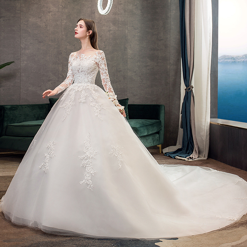 Bride's wedding dress 2022 autumn winter new lace long sleeve tiktok, same dream long tail photo studio light wedding dress TD35