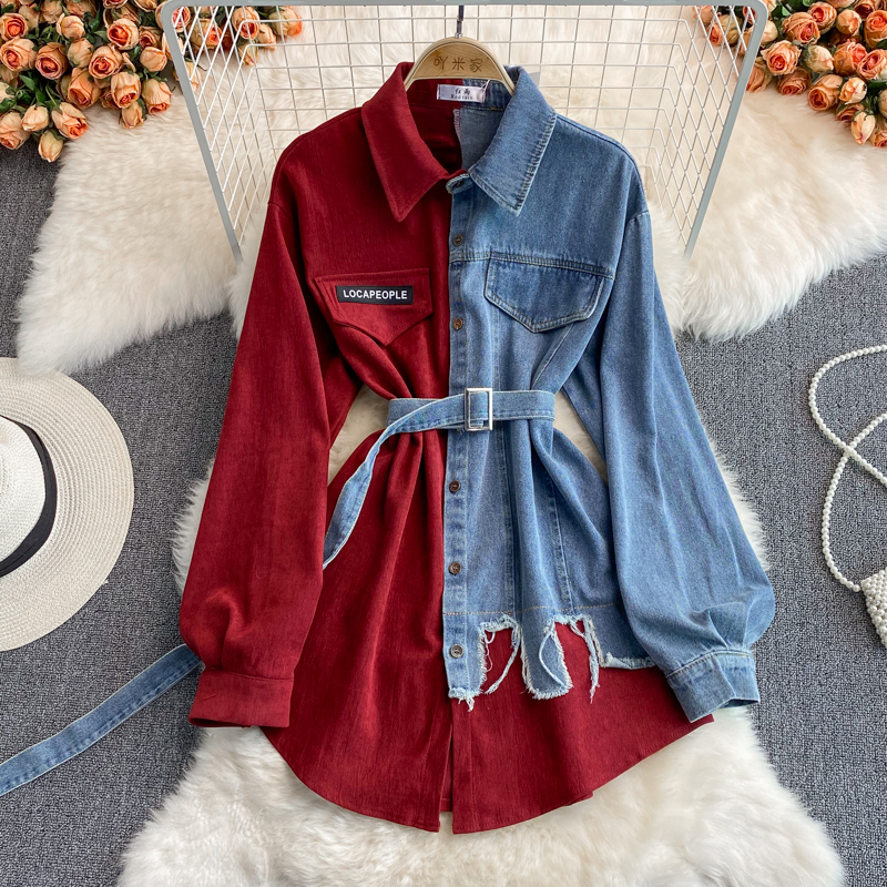 Denim stitching lapel dress 2022 autumn and winter new Korean version of the waist thin irregular mid-length shirt