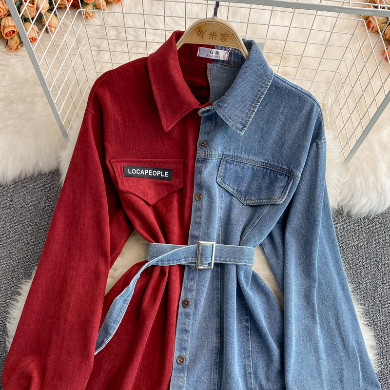 Denim stitching lapel dress 2022 autumn and winter new Korean version of the waist thin irregular mid-length shirt