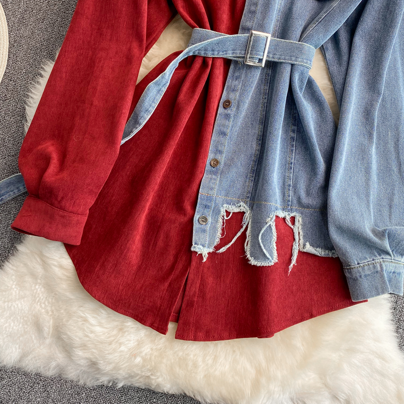 Denim stitching lapel dress 2022 autumn and winter new Korean version of the waist thin irregular mid-length shirt