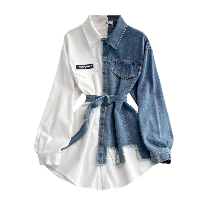 Denim stitching lapel dress 2022 autumn and winter new Korean version of the waist thin irregular mid-length shirt