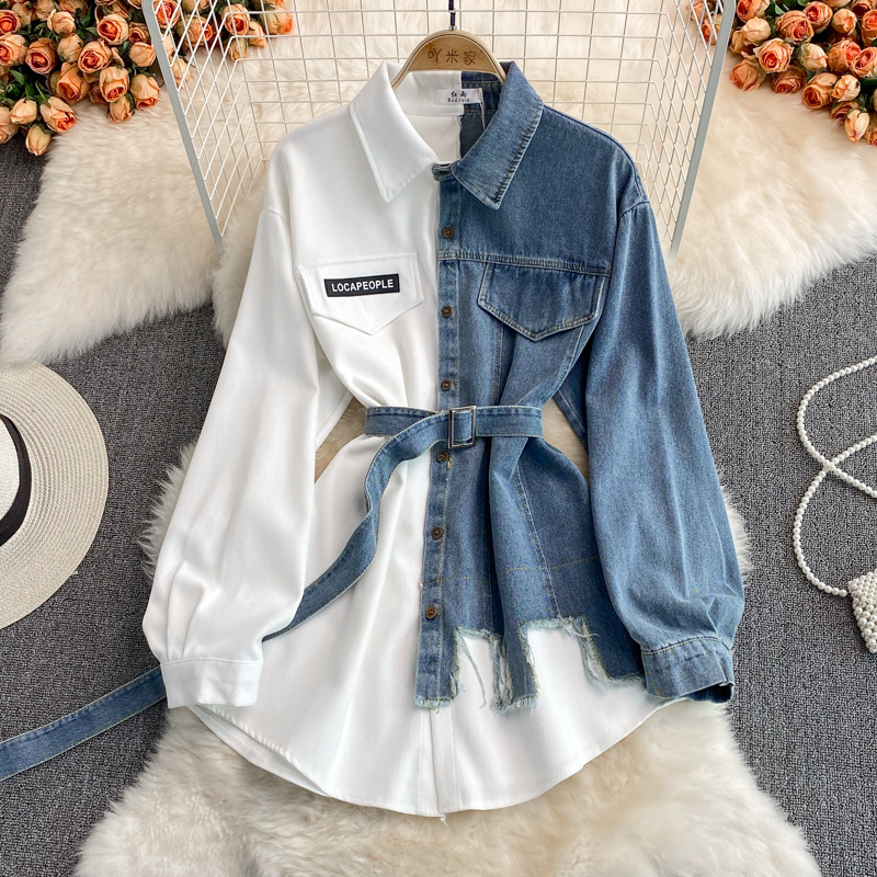 Denim stitching lapel dress 2022 autumn and winter new Korean version of the waist thin irregular mid-length shirt