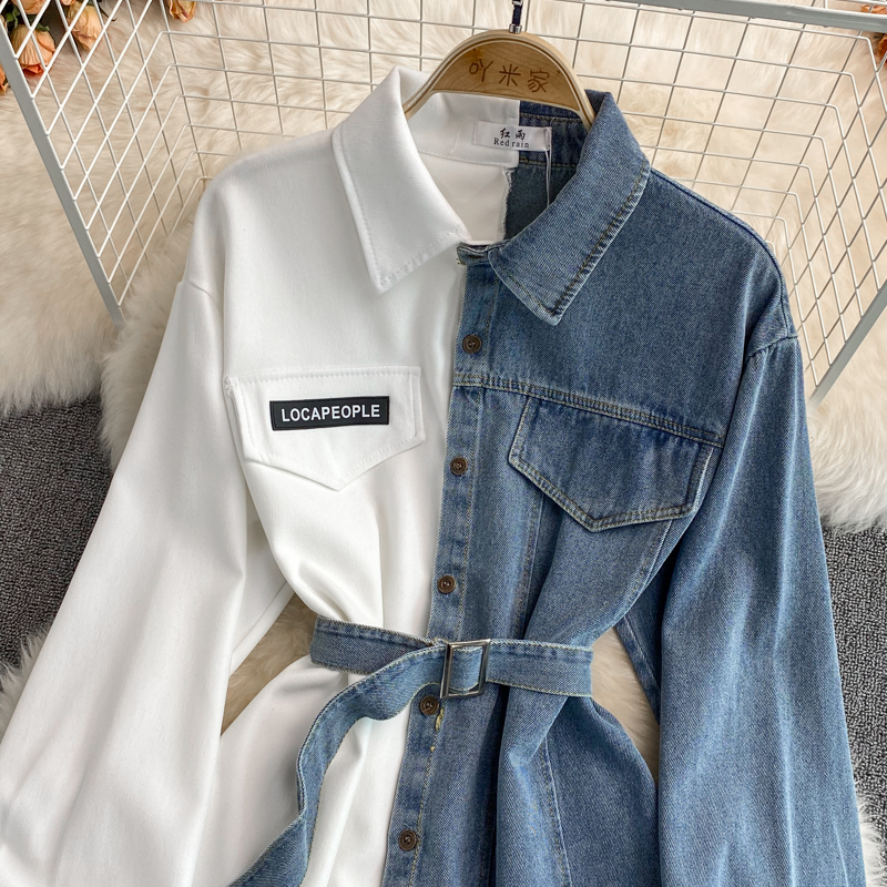 Denim stitching lapel dress 2022 autumn and winter new Korean version of the waist thin irregular mid-length shirt