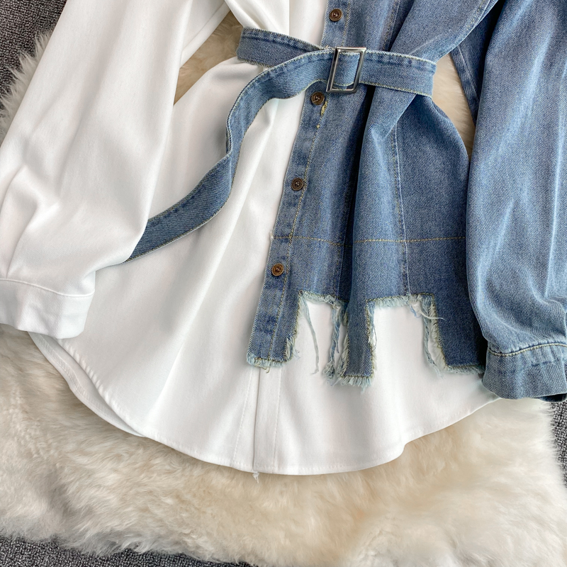 Denim stitching lapel dress 2022 autumn and winter new Korean version of the waist thin irregular mid-length shirt