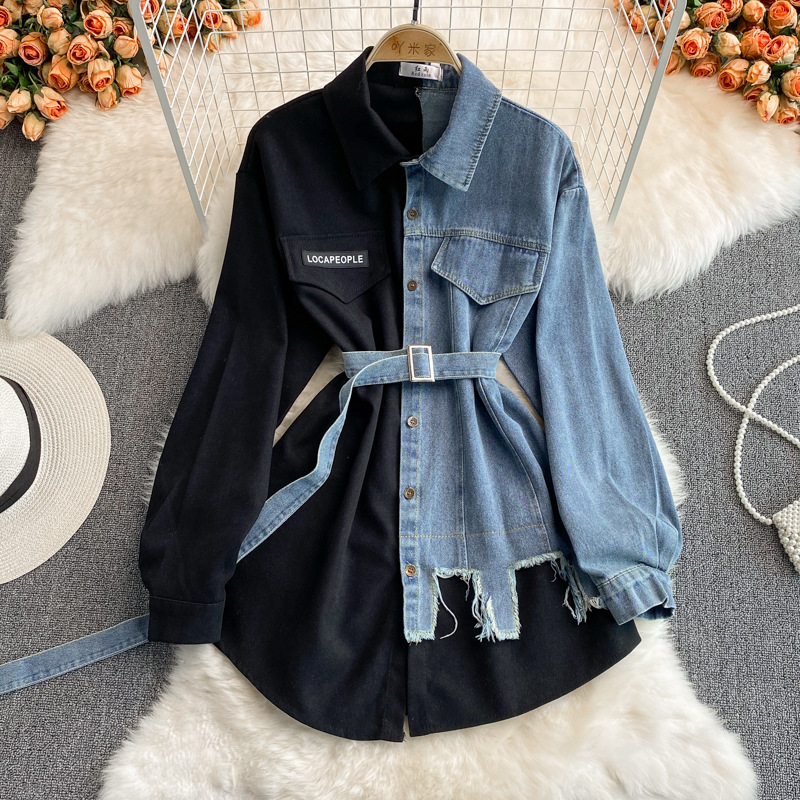 Denim stitching lapel dress 2022 autumn and winter new Korean version of the waist thin irregular mid-length shirt