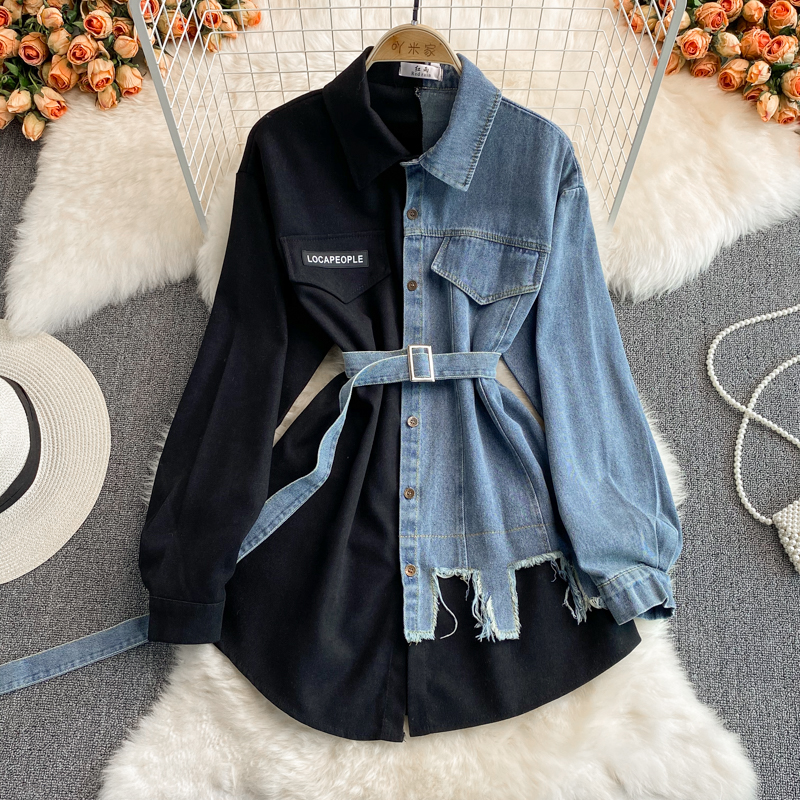 Denim stitching lapel dress 2022 autumn and winter new Korean version of the waist thin irregular mid-length shirt