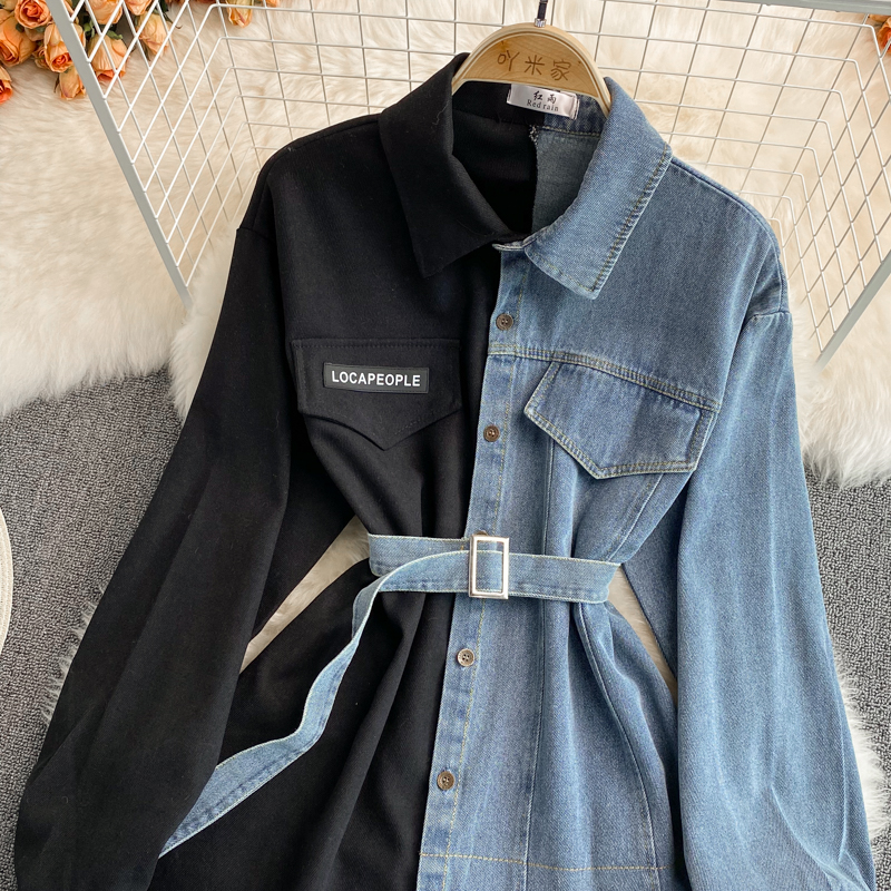 Denim stitching lapel dress 2022 autumn and winter new Korean version of the waist thin irregular mid-length shirt
