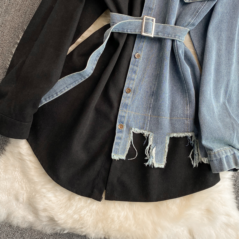 Denim stitching lapel dress 2022 autumn and winter new Korean version of the waist thin irregular mid-length shirt