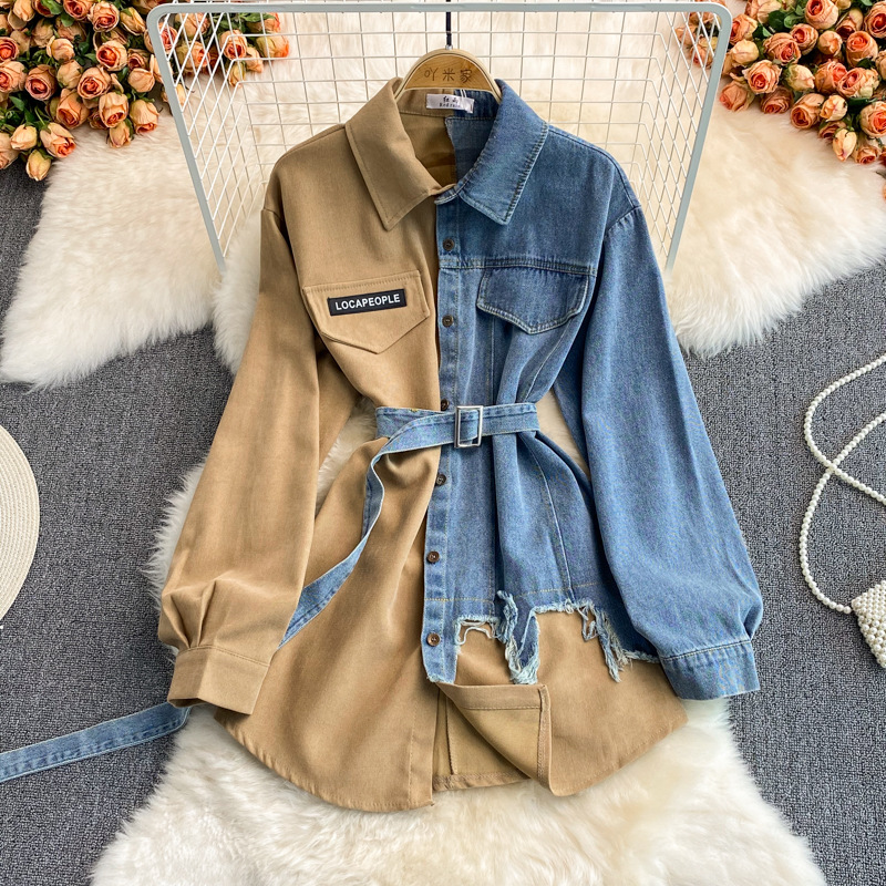 Denim stitching lapel dress 2022 autumn and winter new Korean version of the waist thin irregular mid-length shirt