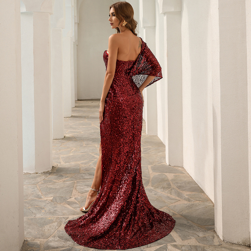 European and American prom evening dress women 2022 summer new one-shoulder irregular sequin dress ladies