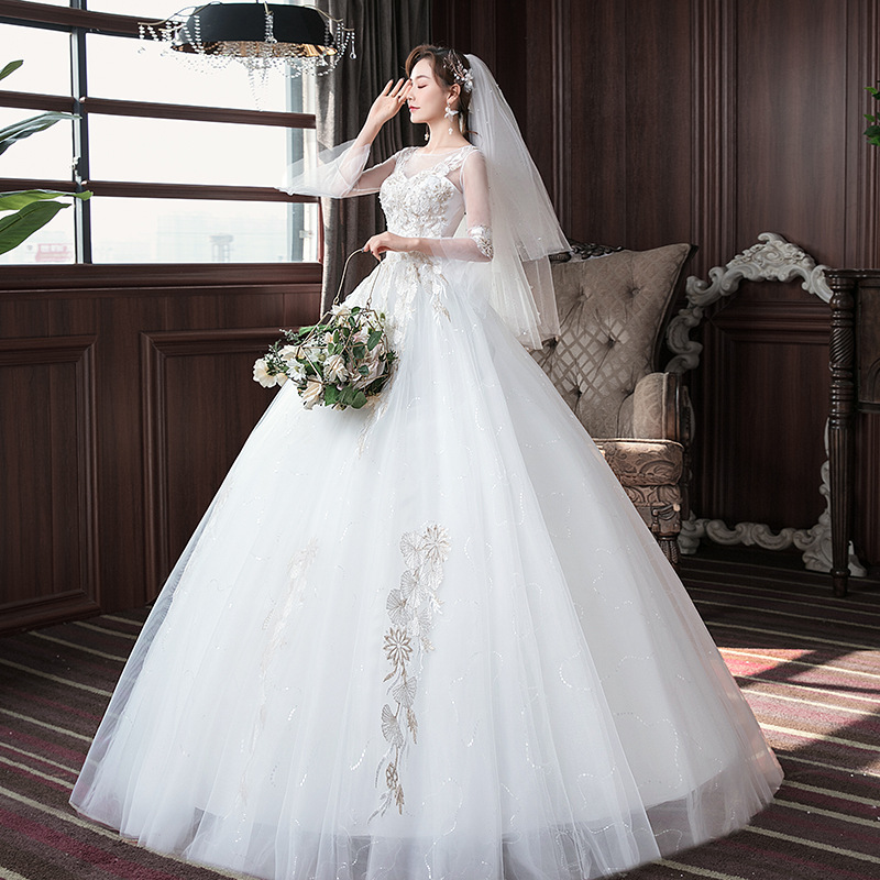Wholesale white wedding dress 2022 new bride French Sen Department Hepburn one-shoulder long-sleeved floor length wedding dress