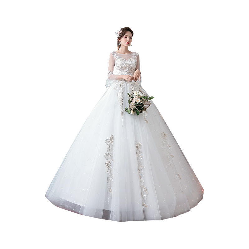 Wholesale white wedding dress 2022 new bride French Sen Department Hepburn one-shoulder long-sleeved floor length wedding dress