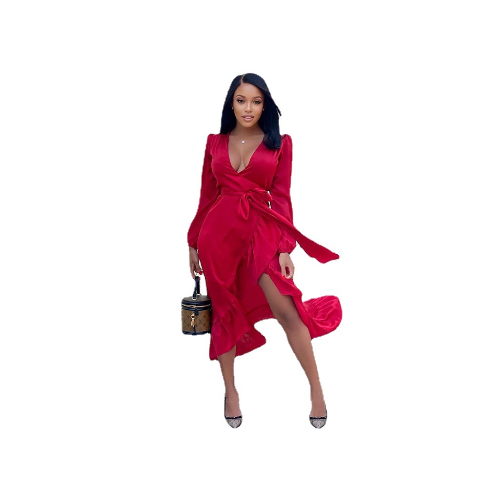 2022 Spring and summer new beauty dress sexy temperament dress deep V waist irregular solid color midi skirt dress