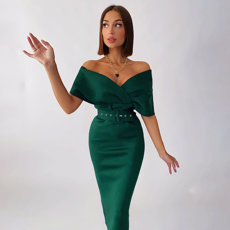 2022 Women's autumn new temperament red evening dress off-the-shoulder high-waisted sexy dress