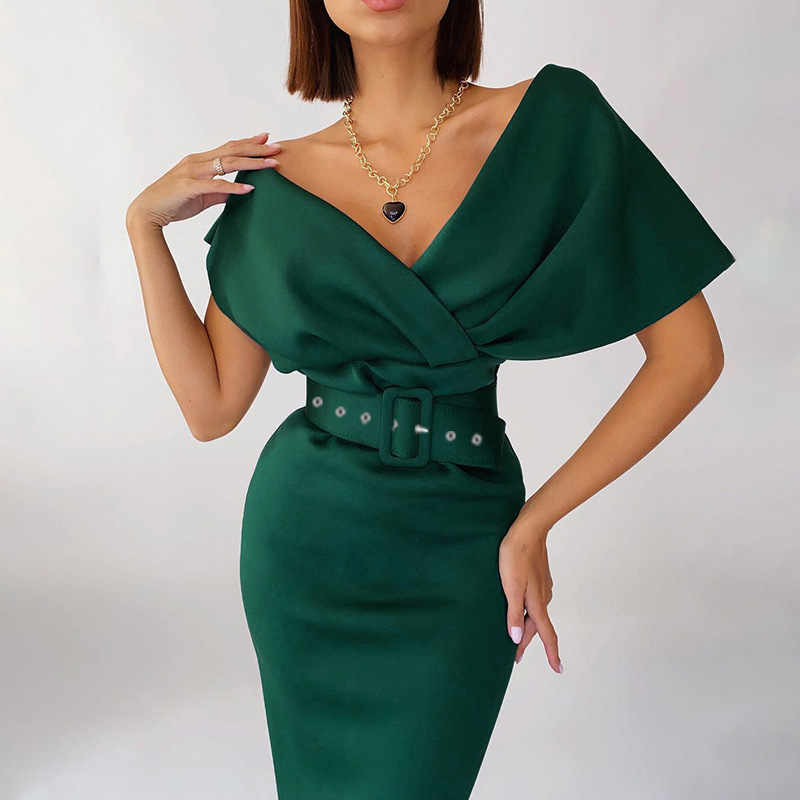 2022 Women's autumn new temperament red evening dress off-the-shoulder high-waisted sexy dress