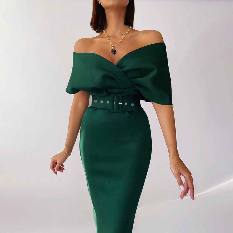 2022 Women's autumn new temperament red evening dress off-the-shoulder high-waisted sexy dress