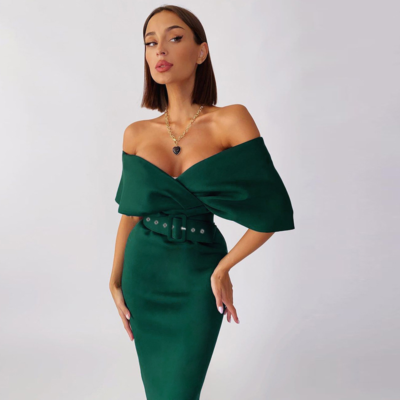 2022 Women's autumn new temperament red evening dress off-the-shoulder high-waisted sexy dress