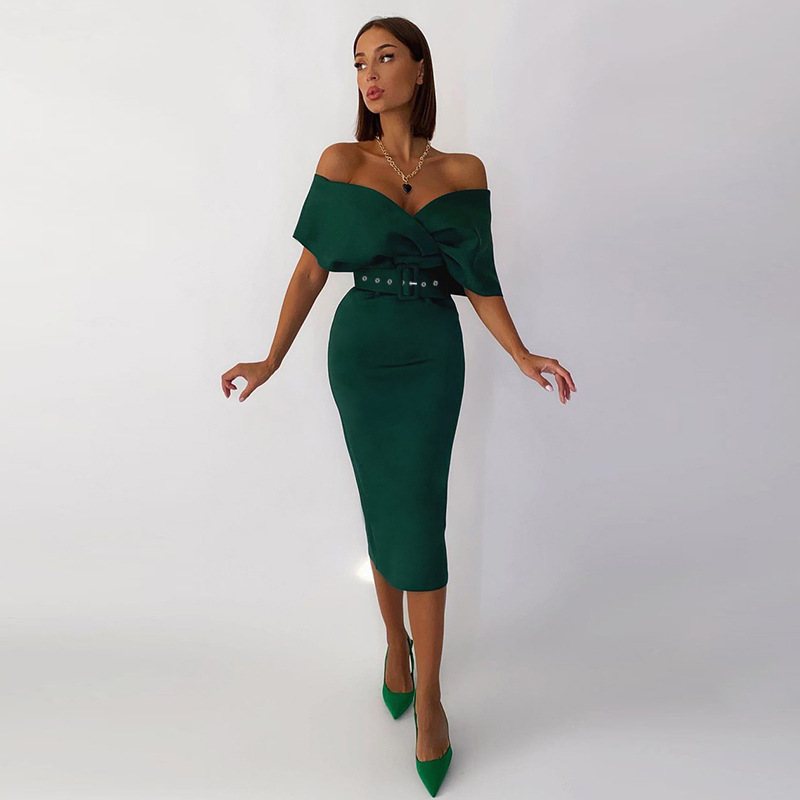 2022 Women's autumn new temperament red evening dress off-the-shoulder high-waisted sexy dress