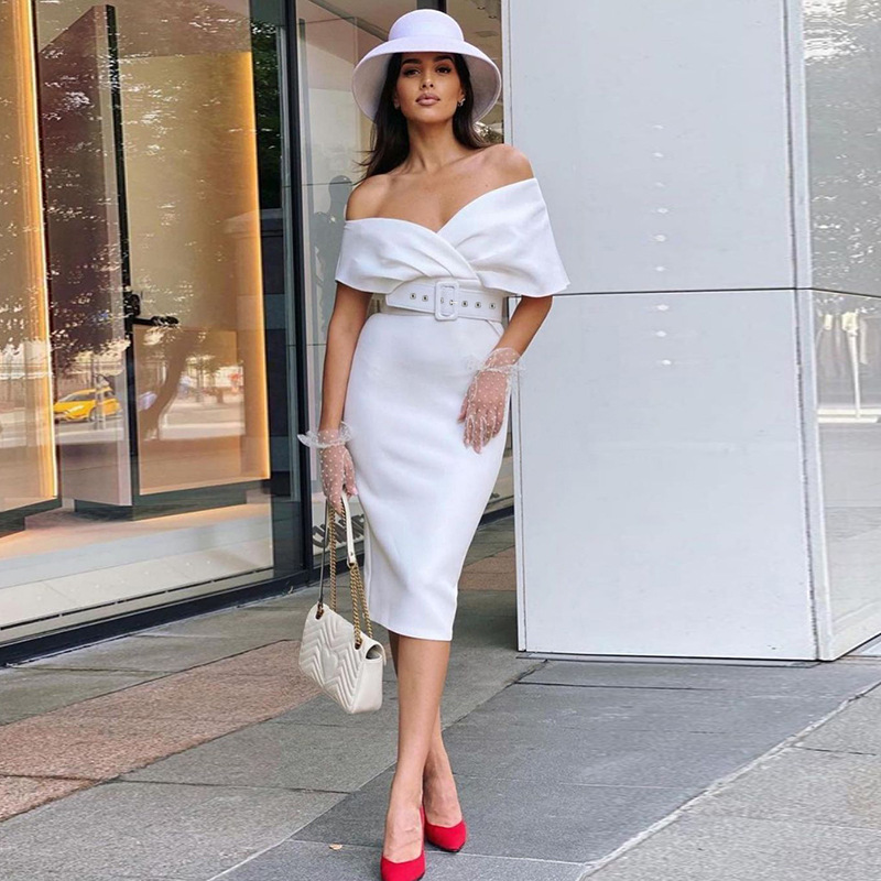 2022 Women's autumn new temperament red evening dress off-the-shoulder high-waisted sexy dress