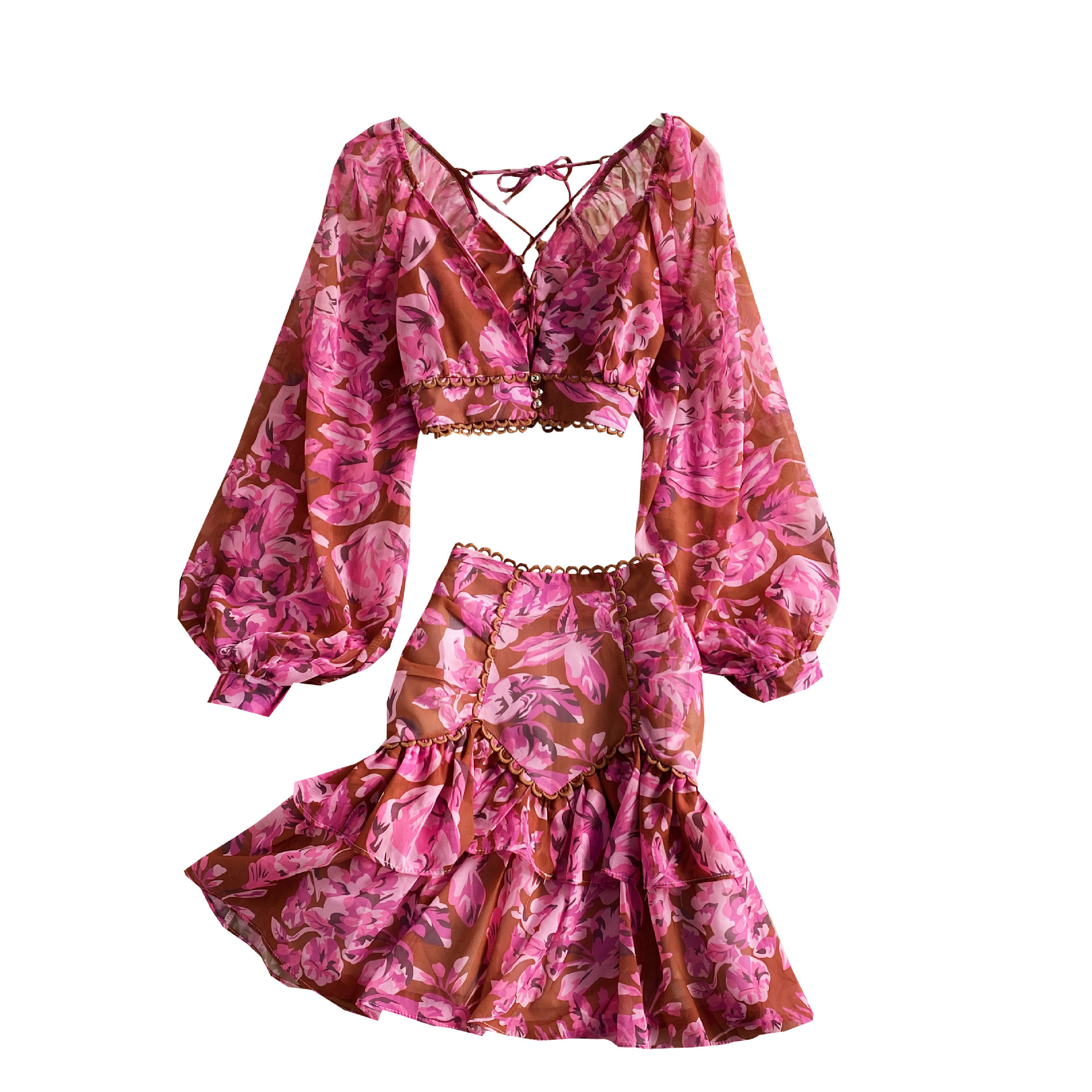 Spring and Autumn High Waist Dress Deep V-neck Lantern Sleeve Short Chiffon Shirt Top Two-piece Skirt Women's High Waist Floral Hip Suit