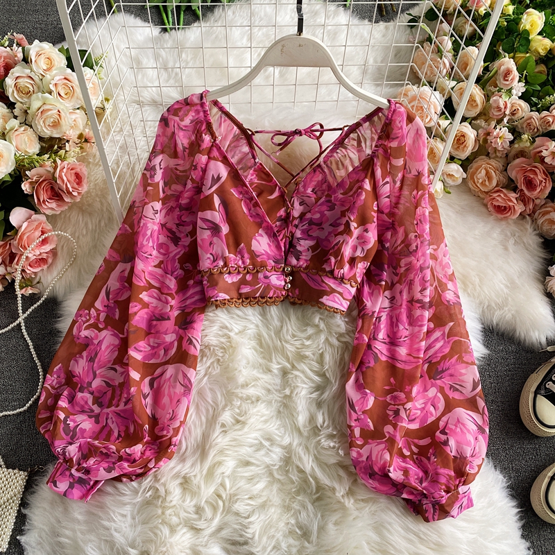 Spring and Autumn High Waist Dress Deep V-neck Lantern Sleeve Short Chiffon Shirt Top Two-piece Skirt Women's High Waist Floral Hip Suit