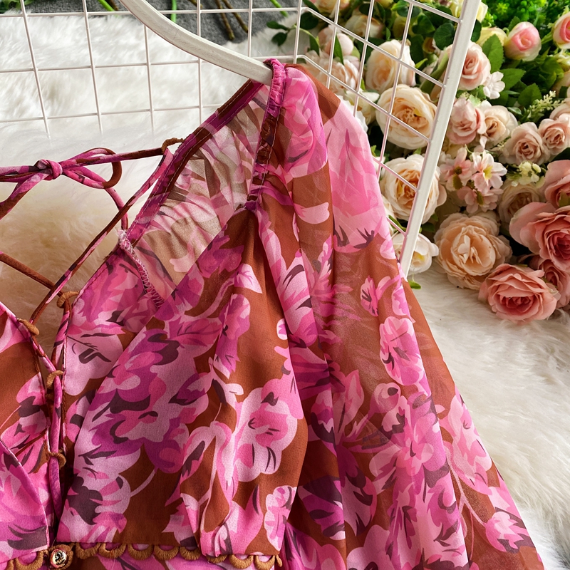 Spring and Autumn High Waist Dress Deep V-neck Lantern Sleeve Short Chiffon Shirt Top Two-piece Skirt Women's High Waist Floral Hip Suit
