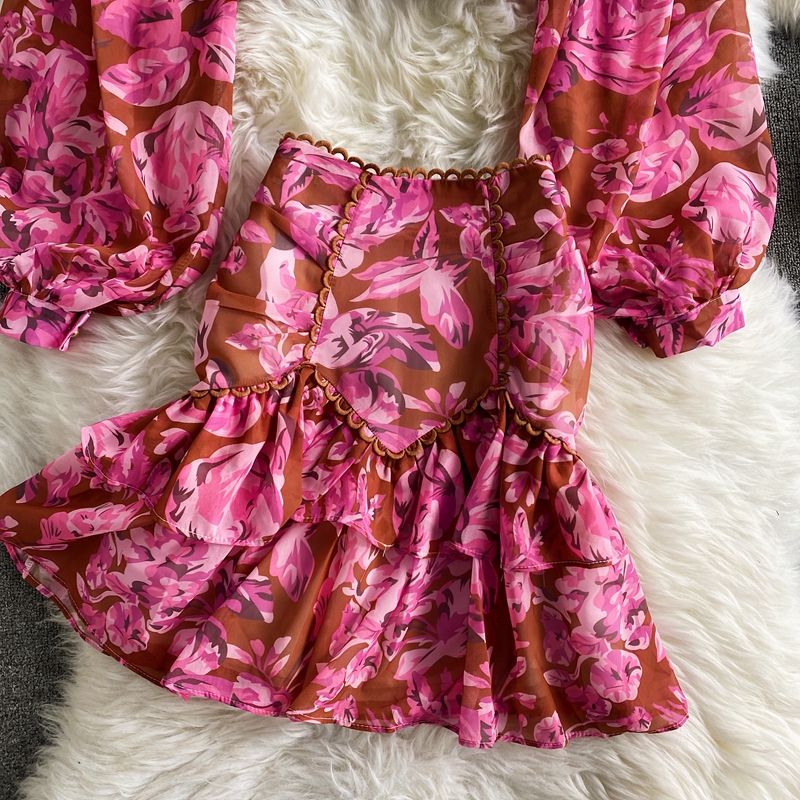 Spring and Autumn High Waist Dress Deep V-neck Lantern Sleeve Short Chiffon Shirt Top Two-piece Skirt Women's High Waist Floral Hip Suit