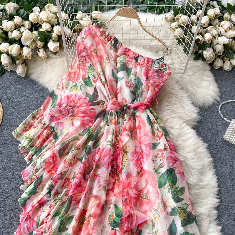 Floral dress scheming oblique collar one shoulder elegant and dynamic lotus leaf fairy temperament holiday skirt dress