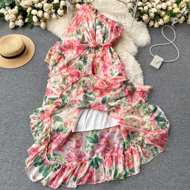 Floral dress scheming oblique collar one shoulder elegant and dynamic lotus leaf fairy temperament holiday skirt dress