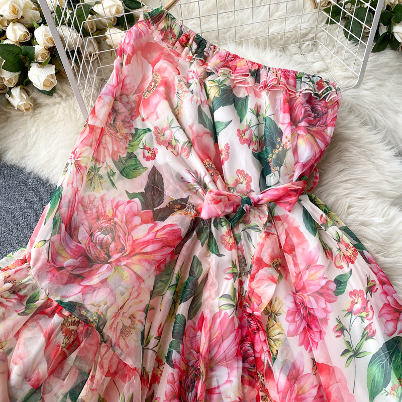 Floral dress scheming oblique collar one shoulder elegant and dynamic lotus leaf fairy temperament holiday skirt dress