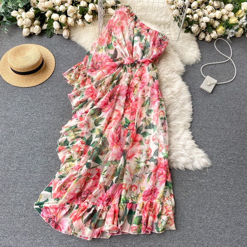 Floral dress scheming oblique collar one shoulder elegant and dynamic lotus leaf fairy temperament holiday skirt dress