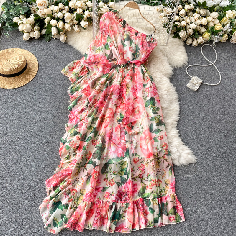 Floral dress scheming oblique collar one shoulder elegant and dynamic lotus leaf fairy temperament holiday skirt dress