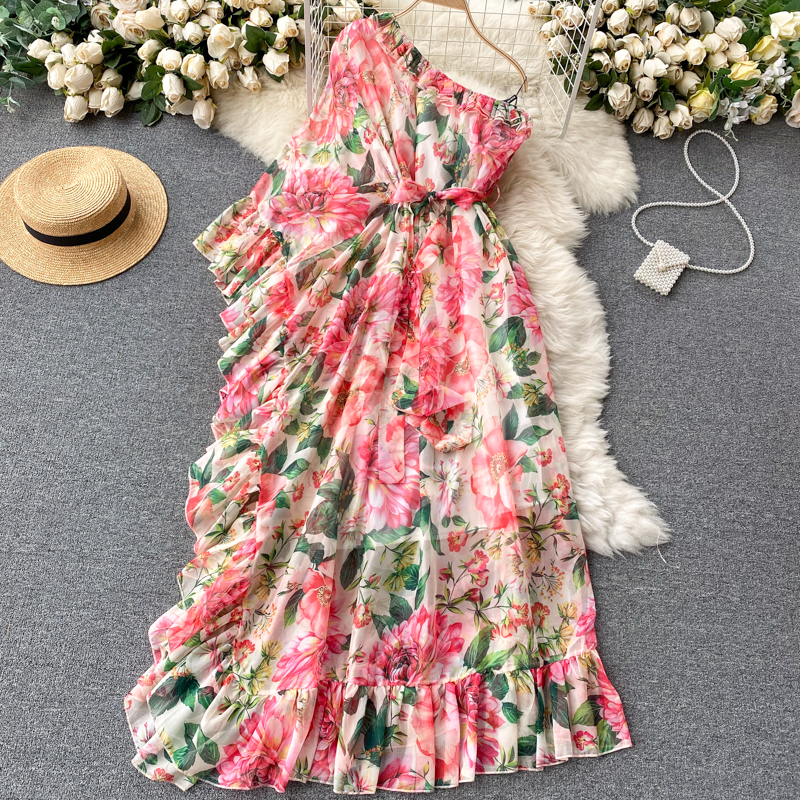 Floral dress scheming oblique collar one shoulder elegant and dynamic lotus leaf fairy temperament holiday skirt dress