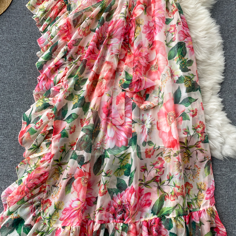 Floral dress scheming oblique collar one shoulder elegant and dynamic lotus leaf fairy temperament holiday skirt dress