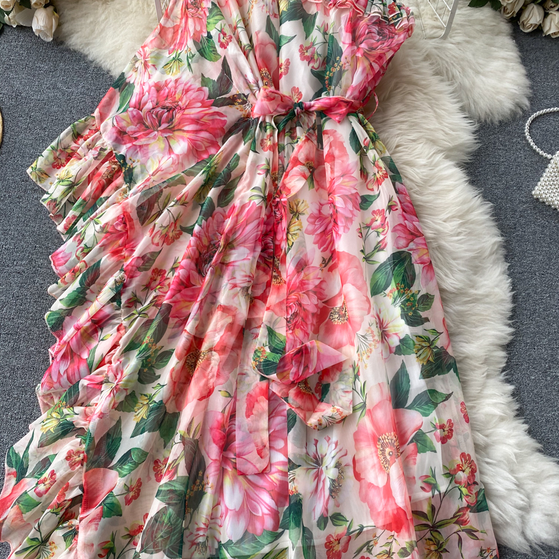 Floral dress scheming oblique collar one shoulder elegant and dynamic lotus leaf fairy temperament holiday skirt dress