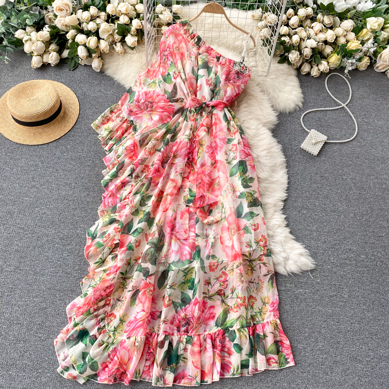 Floral dress scheming oblique collar one shoulder elegant and dynamic lotus leaf fairy temperament holiday skirt dress