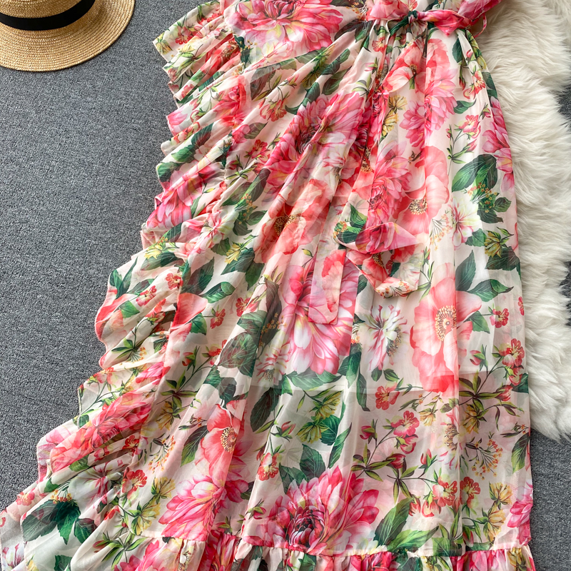 Floral dress scheming oblique collar one shoulder elegant and dynamic lotus leaf fairy temperament holiday skirt dress