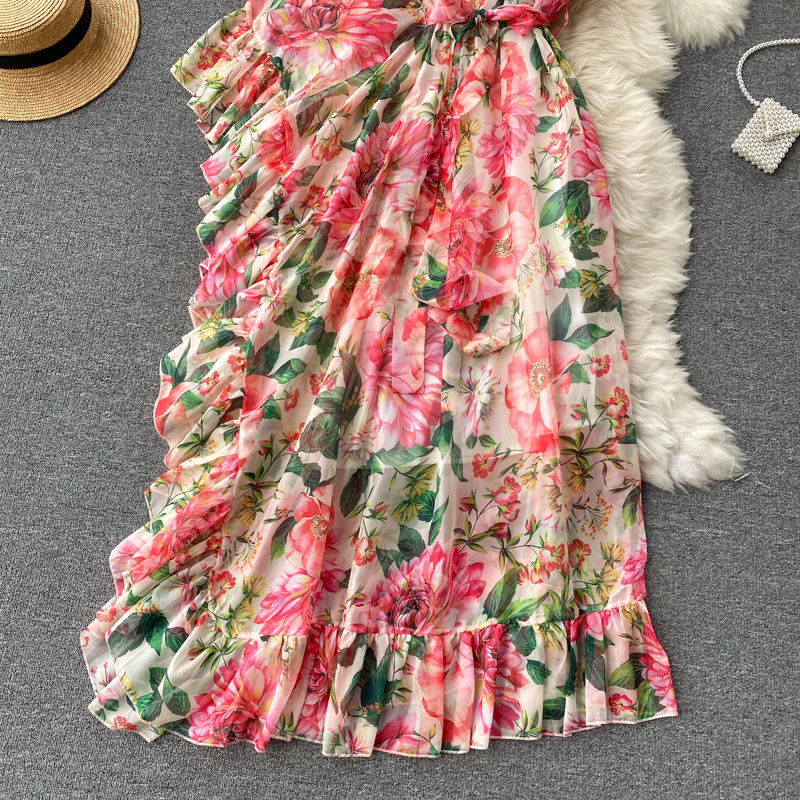 Floral dress scheming oblique collar one shoulder elegant and dynamic lotus leaf fairy temperament holiday skirt dress
