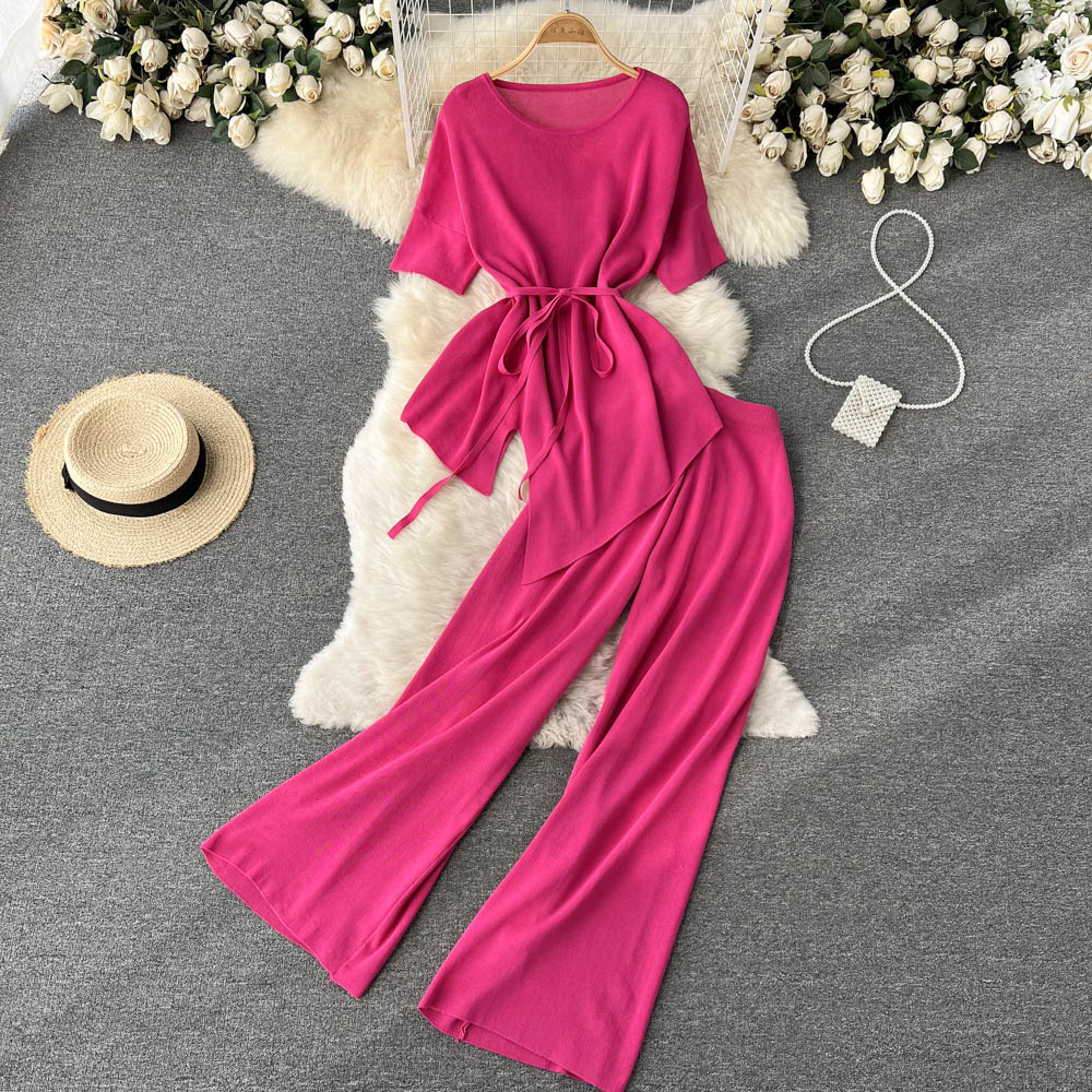 Chic style fashion suit women's irregular short-sleeved top is thin casual pants all-match wide-leg pants trousers two-piece suit