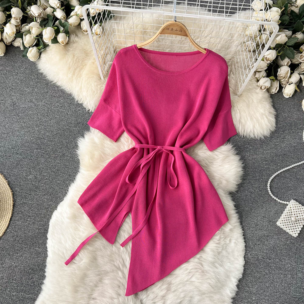 Chic style fashion suit women's irregular short-sleeved top is thin casual pants all-match wide-leg pants trousers two-piece suit
