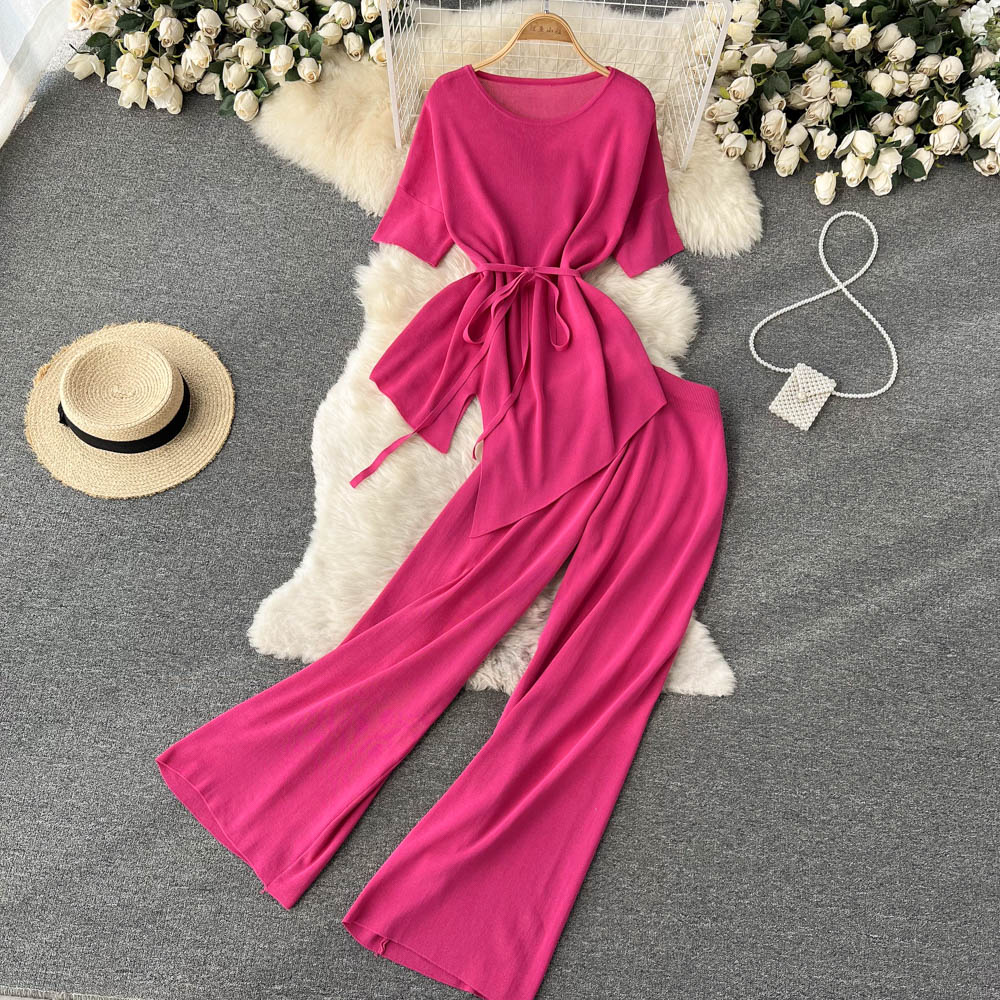 Chic style fashion suit women's irregular short-sleeved top is thin casual pants all-match wide-leg pants trousers two-piece suit