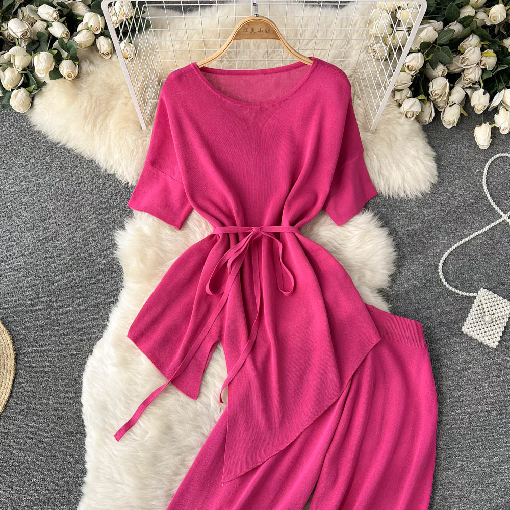 Chic style fashion suit women's irregular short-sleeved top is thin casual pants all-match wide-leg pants trousers two-piece suit