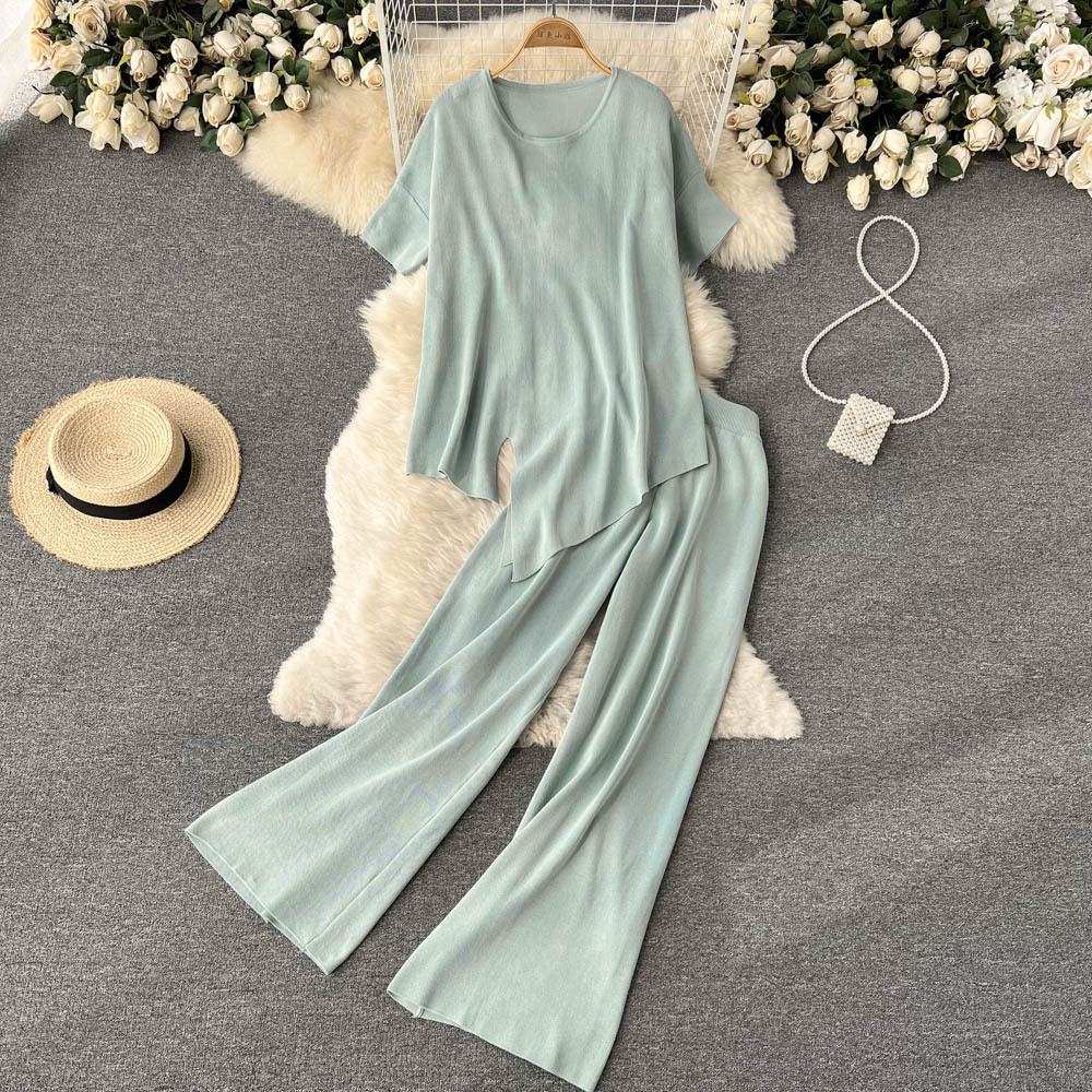 Chic style fashion suit women's irregular short-sleeved top is thin casual pants all-match wide-leg pants trousers two-piece suit