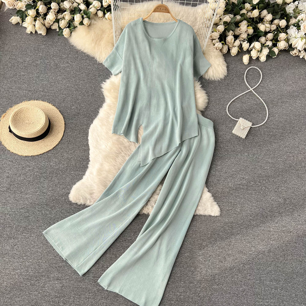 Chic style fashion suit women's irregular short-sleeved top is thin casual pants all-match wide-leg pants trousers two-piece suit